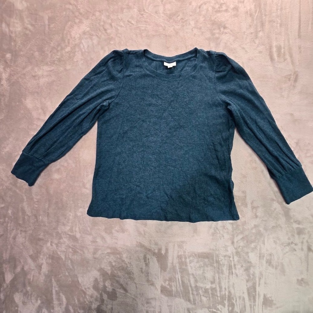 J. Jill Teal Waffle Knit Puffed Sleeve Thermal Top KTP326391 Blue Marl Medium
